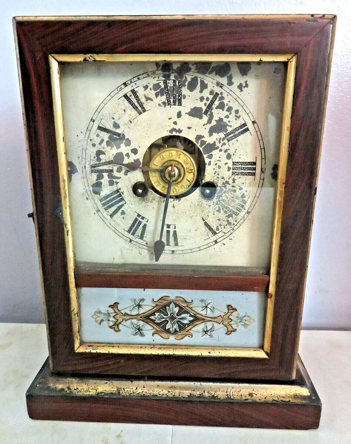 Mantel Clock Wood Case Glass With Reverse Painting E Pluribus Unum