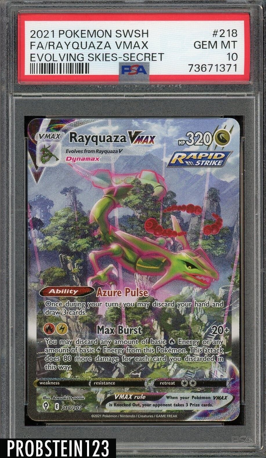 2021 Pokemon SWSH Evolving Skies Secret 218 Rayquaza VMAX Full Art PSA