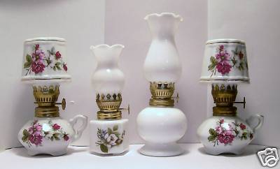 Miniature  Lamps on Vintage Miniature Oil Lamps 2 Porcelain 2 Milk Glass Completed 10 50