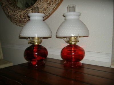 Glass Shades   Lamps on Red   Brass Oil Lamps With White Dotted Milk Glass Shades Completed