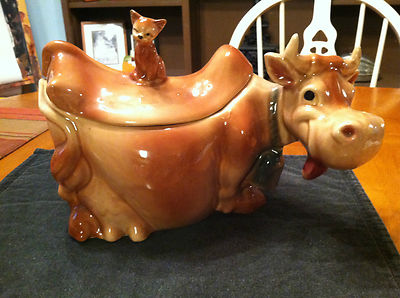 Authentic Vintage Brush-McCoy Brown Cow w Cat Cookie Jar 1940s