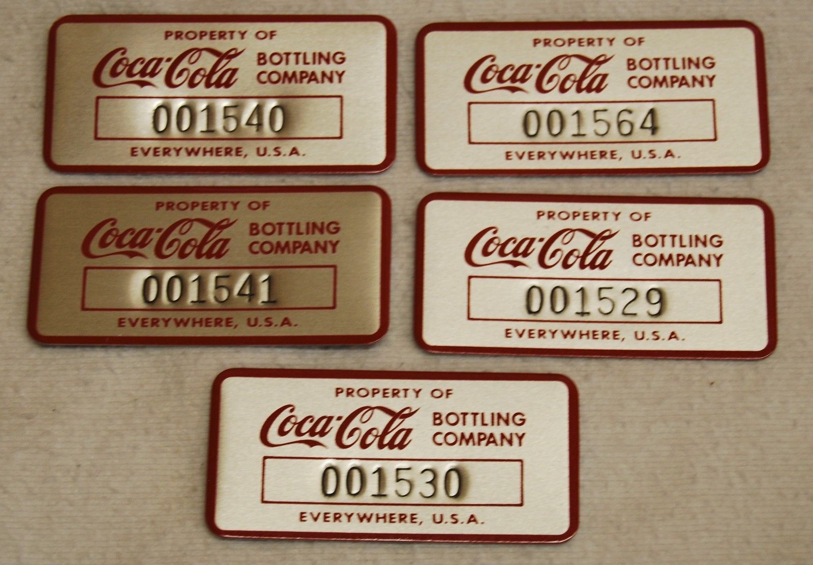 Vintage Coca Cola Bottling Co Metal Property Id Tag Label Lot Of 5 Coke Antique Price 9787